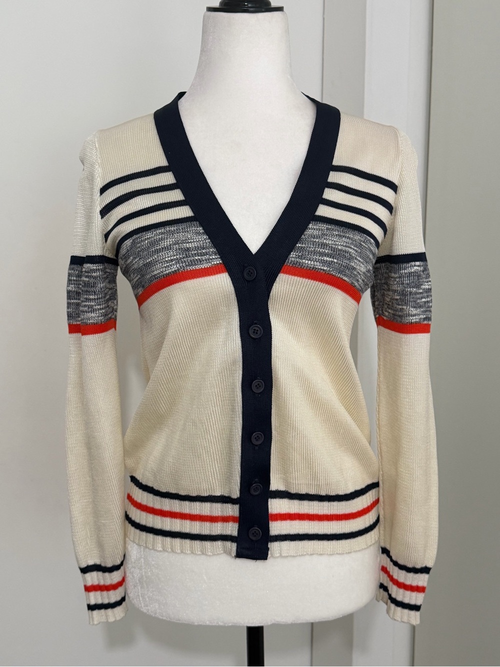 VTG 1970s Kollection Ltd. Cream Striped Cardigan - ILGWU USA Union Made -Small